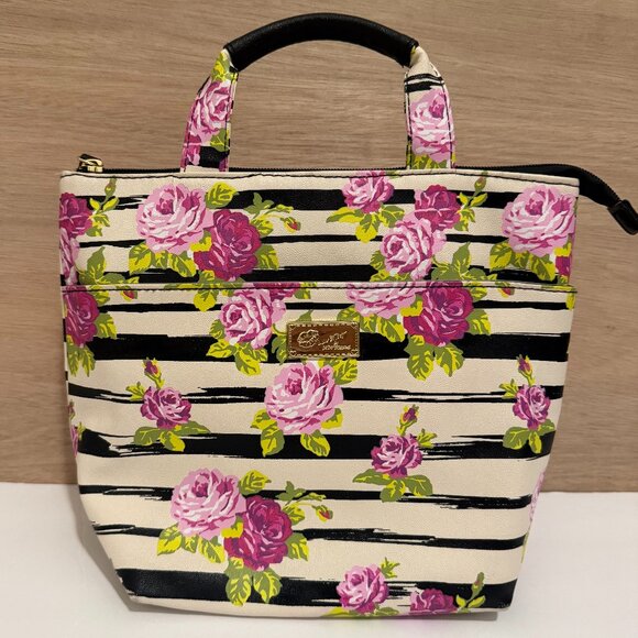 Betsey Johnson Insulated Tote Bag Black and White Striped with Pink Roses - Picture 1 of 5